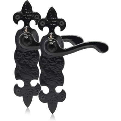Image of Fleur De LYS Door Handle Lever On Backplate Long Antique Black Pack Set Latch