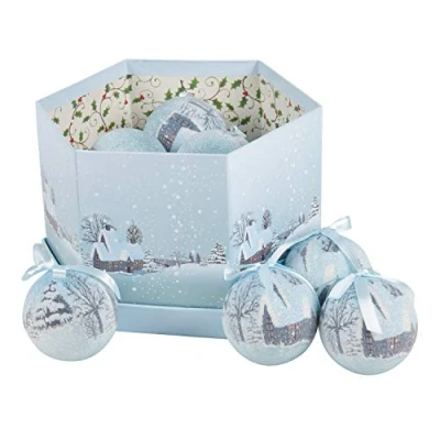 Image of BENROSS The Christmas Workshop 82780 14 Pack Frosted Snow Village Design Decoupage Baubles Decorations Gift Boxed 7.5cm Blue &amp; White Tree