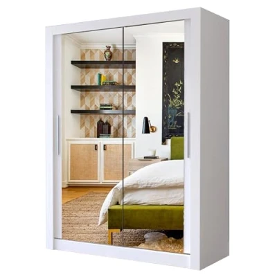 Image of A.C. Milan Modern Double Mirror sliding door wardrobe with LED Light Width 100cm/120cm/150cm/180cm/203cm/250cm (150, White)