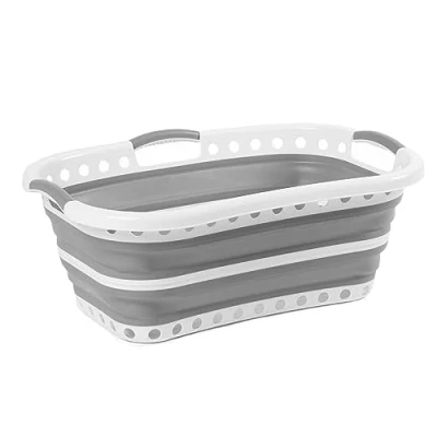 Image of OHS Laundry Basket, Washing Baskets for Hip Foldable Basket Clothes Towels Storage Organiser Folding Pop Up Sturdy Handles, Grey