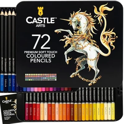 Image of Castle Art Supplies 72 Colouring Pencils Set Premium Soft Core Coloured Leads for Adult Artists, Professionals and Colourists Protected Organised in Presentation Tin Box