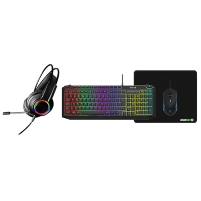 Image of GameMax Pulse 4 in 1 Gaming Kit, Wired Keyboard (UK Layout) &amp; Mouse with Headset and Pad, RGB LED Backlit, Multimedia Keys, 3200 DPI, 5.1 Stereo Bundle For Windows Black