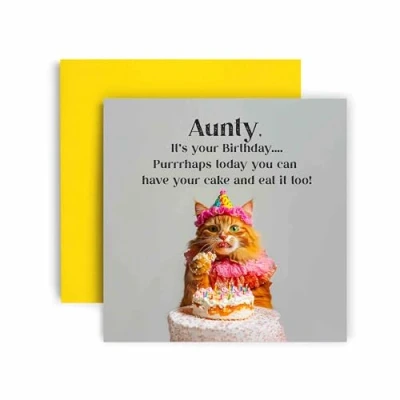 Image of Huxters Funny Aunty Happy Birthday Card Cat Purrhaps have Cake and Eat it too Gift for Her 14.8cm (Aunty)