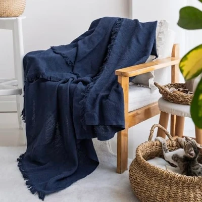 Image of Milam London Cotton Throw Blanket Soft Throws For Armchairs, Sofa, Settee Single Bed Throw, Navy Blue 170 x 200 cm