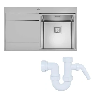 Image of SÄUBER 860 x 520mm Stainless Steel Kitchen Sink Single Bowl Sinks for Kitchens 1.0 Bowls, Left Hand Drainer, Inset Drop in Installation with Waste Pipe Kit &amp; Free Basket Strainer
