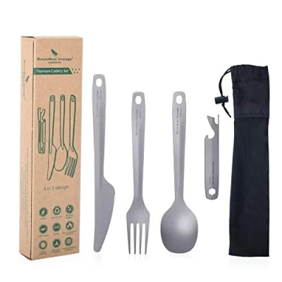 Image of iBasingo Tianium Knife Fork Spoon Bottle Opener Set Lightweight Outdoor Indoor Tableware Camping Reuseable Cutlery Portable Travel Flatware Ti1066T