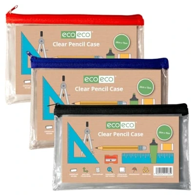 Image of eco 90% Recycled Clear Exam Transparent Pencil Case, Coloured Zips, Pack of 3, eco183x3