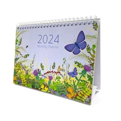 Image of Exacompta Ref GS038Z 2024 Desk Calendar/Monthly Planner Butterfly Design Month per Page Includes UK Holidays 210mm x 150mm Stands Securely on a Desk/Shelf section for Reminders &amp; Notes
