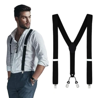 Image of DonDon Mens adjustable braces 3,5 cm 1,38&quot; Wide 4 Clips with Leather in Y Form Elasticated Black
