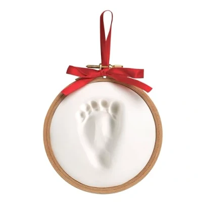 Image of Pearhead Baby Prints Hoop Christmas Ornament, Newborn Handprint or Footprint Holiday Keepsake Kit, Easy No Bake DIY Clay Impression, Gift, Wooden Red Ribbon