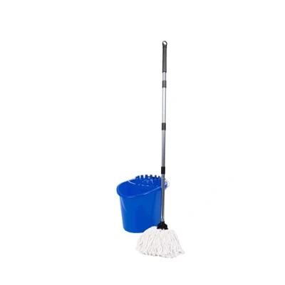 Image of Requisite Needs Professional Mop and Bucket Set Heavy Duty with Wringer Two Traditional Cotton Heads for Cleaning Floors Capacity 16L Pouring Lip (Blue)