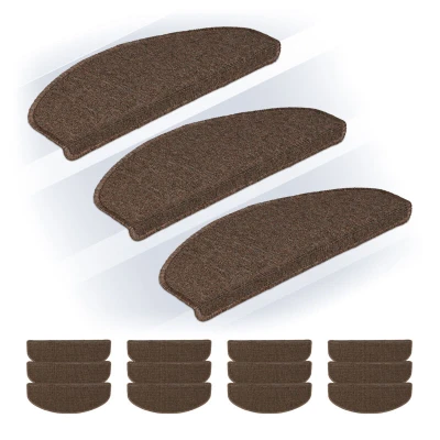 Image of Relaxdays Stair Treads, Set of 15, Rounded Step Mats, 65 x 24 cm, Self Adhesive, Non Slip, Carpet Runner, Dark Brown, Plastic