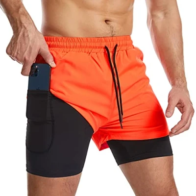 Image of Danfiki Men Running Shorts Men&#039;s Workout with Phone Pocket 2 in 1 Gym Training Lightweight Quick Drying Orange