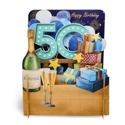 Image of Happy 50th Birthday Champagne &amp; Presents 3D Pop Up Greeting Card by Alljoy Cards MN042