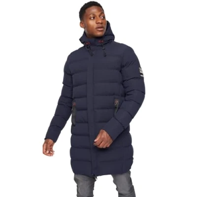 Image of Crosshatch Mens Padded Longline Parka Heavy Coat Hooded Puffer Zip Pockets Bubble Winter Jacket by JEANBASE Navy 2XL