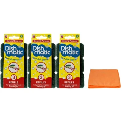 Image of 9X Dishmatic Fillable Washing Up Brush Refills (3 X 3 Packs) General Purpose with Ultra Absorbent Microfibre Cleaning Cloth