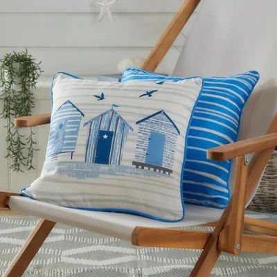 Image of Fusion Blue Nautical Outdoor Cushion (43 x 43cm) Filling Included Reversible Design Piped Edge Seaside/Sailing Boats/Beach Huts Garden with Cover Included/Cushion Insert
