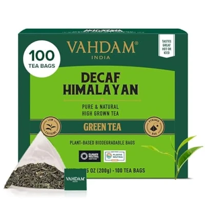 Image of VAHDAM, Decaf Himalayan Green Tea Bags (100 Pyramid Bags) Caffeine Free, Gluten Free High Grown Resealable Ziplock Pouch