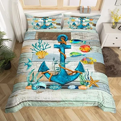Image of Homewish Boys Blue Anchor Bedding Set Single Ocean Nautical Theme Comforter Cover For Kids Girls Coastal Beach Duvet Underwater World Fishes Starfish Shell Bed 1 Pillow Case Bedroom Decor