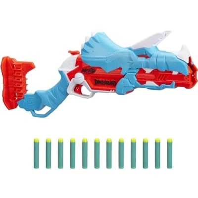 Image of Nerf DinoSquad Tricera blast Blaster, Break Open 3 Dart Loading, 12 Darts, Storage, Triceratops Dinosaur Design