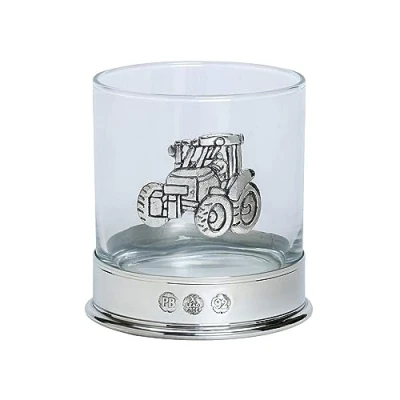 Image of Lead Free pewterware Mounted 12oz Whisky Glass with a Tractor Emblem in Presentation Box of 1 or 2 Glasses (1)