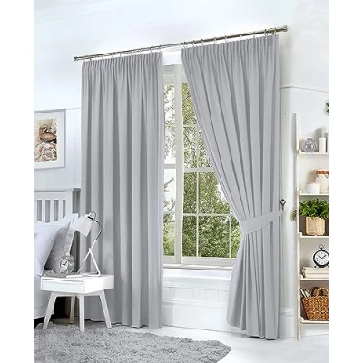Image of Hachette Thermal Blackout Curtains Pencil Pleat Tape Top Including Pair of Tiebacks (Silver Grey, 46&quot; X 54&quot;)