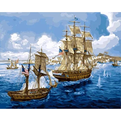 Image of Awesocrafts Paint by Numbers Kits, Sailing Ships with American Flag, Sailboat Sail Boats Number Painting for Adults and Kids 16x20 inch (Sailing Ships, No Frame)