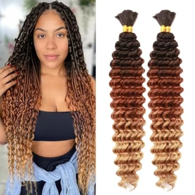 Image of Curly Braiding Hair for Boho Braids 200G Deep Wave Bulk Synthetic Crochet Bundles Micro Water Extensions (T1B/30/27#, 18 Inch(50g/Bundle x4))
