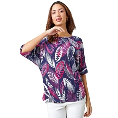 Image of Roman Originals Leaf Print Textured Tunic Top for Women UK Ladies Everyday Holiday Spring Summer Round Neckline Comfy Soft Evening Vacation Work Party Pink Size 10
