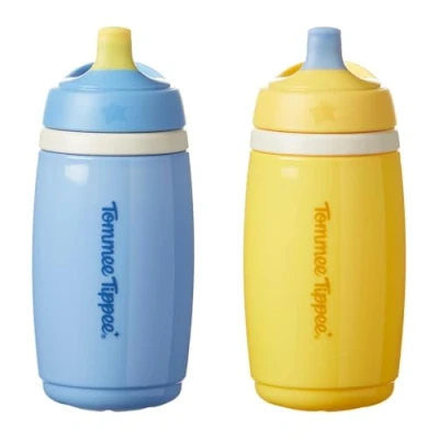 Image of Tommee Tippee Insulated Active Spout Cup, 266ml, Non Spill Water Bottle for Toddlers 12 Months+, to Help Keep Their Drinks Cool, Blue and Yellow, 2 Pack