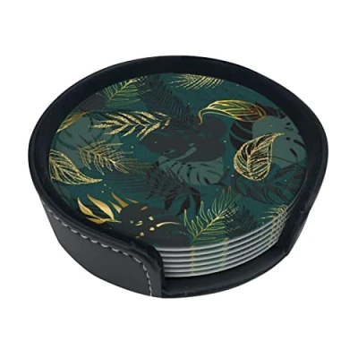 Image of Gold Green Black Leaves,Round Coasters, Mugs Pad, Cups Mat Set of 6 Leather Drinks Coasters with Holder