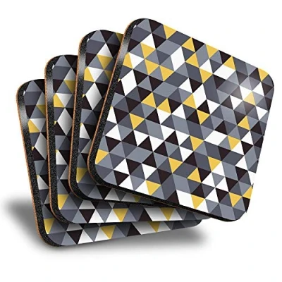 Image of Destination Vinyl ltd Great Coasters (Set of 4) Square Yellow Grey Black Triangle Pattern Drink Glossy Coasters/Tabletop Protection for Any Table Type #24585