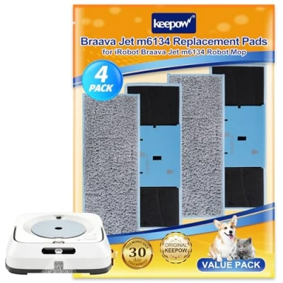 Image of KEEPOW Braava Jet M6134 Mop Pads, 4 Pack, Washable Microfiber Reusable Accessories for iRobot M6, Stone, Tile, Wood Floor Cleaning