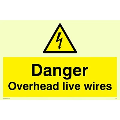 Image of Viking Signs WE95 A4L PV &quot;Danger Overhead Live Wires&quot; Sign, Photoluminescent Sticker, 200 mm H x 300 W