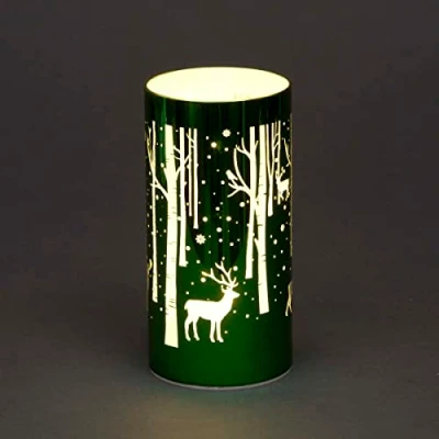 Image of SHATCHI 18cm Christmas Decorated Vase Table Lamp Etched Glass Tube Deer Scene Green Cylinder LED Fairy Lights Battery Operated