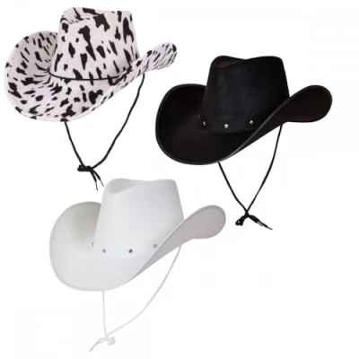 Image of Pack of 3 x Adult Texan Cowboy Hats (1 Black + 1 White Cowprint) : Wild West Rodeo Cowgirl Music Festival Rock or Pop Tour Fancy Dress Accessory