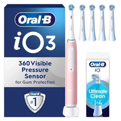 Image of Oral B iO3 Electric Toothbrushes Adults, 4 Toothbrush Heads, 3 Modes With Teeth Whitening, 2 Pin UK Plug, Pink
