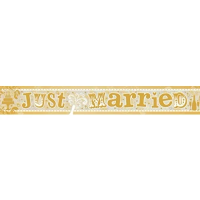 Image of amscan 9900040 Golden Just Married Holographic Foil Banner 1 PC, Multicoloured