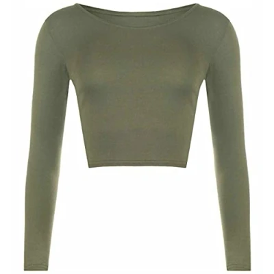 Image of Womens Crop Long Sleeve T Shirt Ladies Short Plain Round Neck Top Fitness Workout Running Shirts Cropped Tops (Khaki UK 12 14)