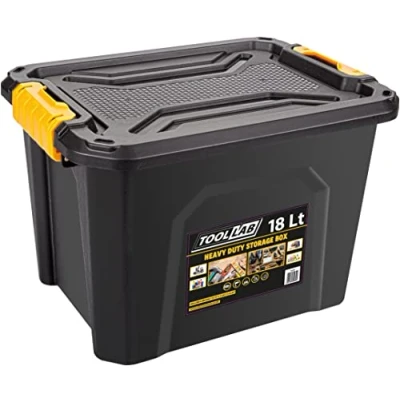 Image of Tool Lab Heavy Duty Polypropylene Storage Box with Clip on Lid. Ideal for storing items in garages and lofts. (18 Litre : 385 x 295 260mm)