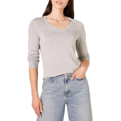 Image of Amazon Essentials Women&#039;s Classic Fit Lightweight Long Sleeve V Neck Jumper (Available in Plus Size), Light Grey Heather, XL