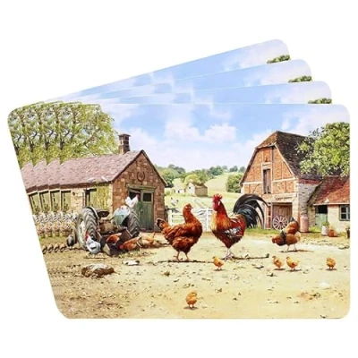 Image of The Leonardo Collection Cockerel &amp; Hen Table Place Mats Set of 4 Non Slip Washable For Dining Designed By Macneil Studios Printed Designer Placemats