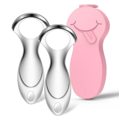 Image of RONAVO Tongue Scraper Cleaner (2024) for Adults Portable Storage Coating Removal Bad Breath Care Metal with Pink Carrying Case