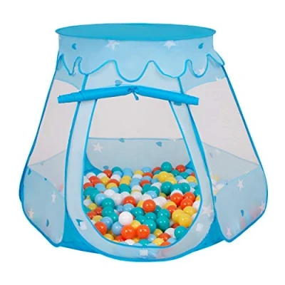 Image of Selonis Play Tent 105X90cm/100 Balls Castle House Pop Up Ballpit Plastic For Kids, Blue:White Yellow Orange Babyblue Turquoise