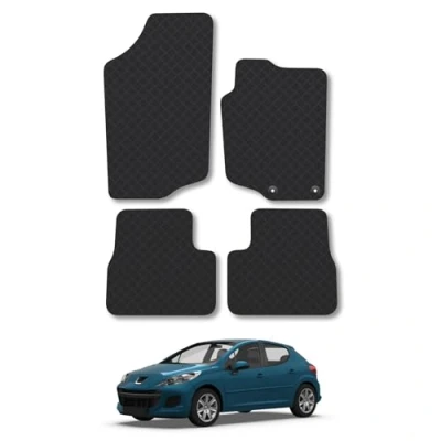 Image of Rubber Car Mats Compatible with Peugeot 207 (2006 2012) Tailored Fit Floor Set Accessory Black Custom 4 Pieces Clips Anti Slip Backing, Heavy Duty &amp; Waterproof