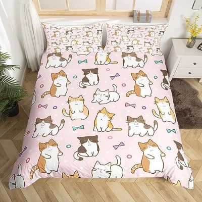 Image of Manfei Kawaii Cats Duvet Cover Set Single Size, Cartoon Animal Theme Comforter with 1 Pillowcase, Cute Cat Bedding 2pcs for Kids Boys Girls Bedroom Decor Girly Pink Bedspread