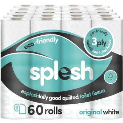 Image of Splesh by Cusheen 3 ply Toilet Roll Unscented (60 Pack) Soft, Quilted Bulk Rolls, Tissue and Loo Rolls Eco Friendly Paper Sustainably Crafted in The UK