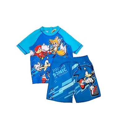 Image of Sonic The Hedgehog, Boys 2 Piece Swim Set, Short Sleeve Shirt &amp; Shorts, Blue, Age 9 10 Years