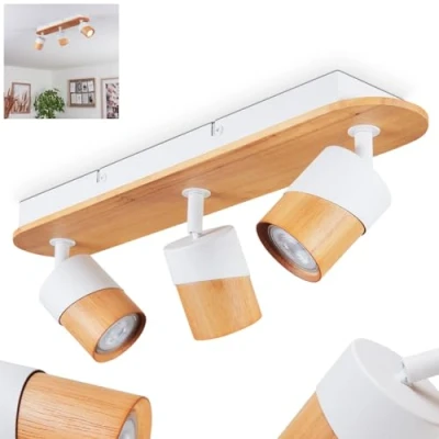 Image of Blondo Ceiling Light, Metal/Wood Light in White/Nature, with Adjustable Spots, 3 x GU10, Without Bulbs