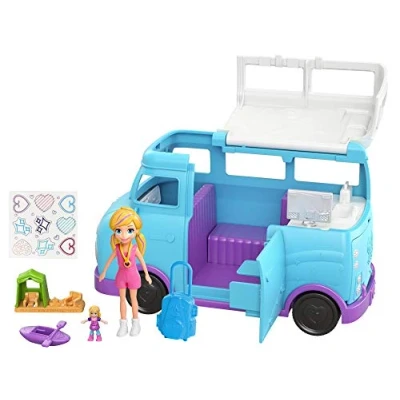 Image of Polly Pocket Glamping Van with Dual Scale Camping Theme, Two Dolls and Accessories